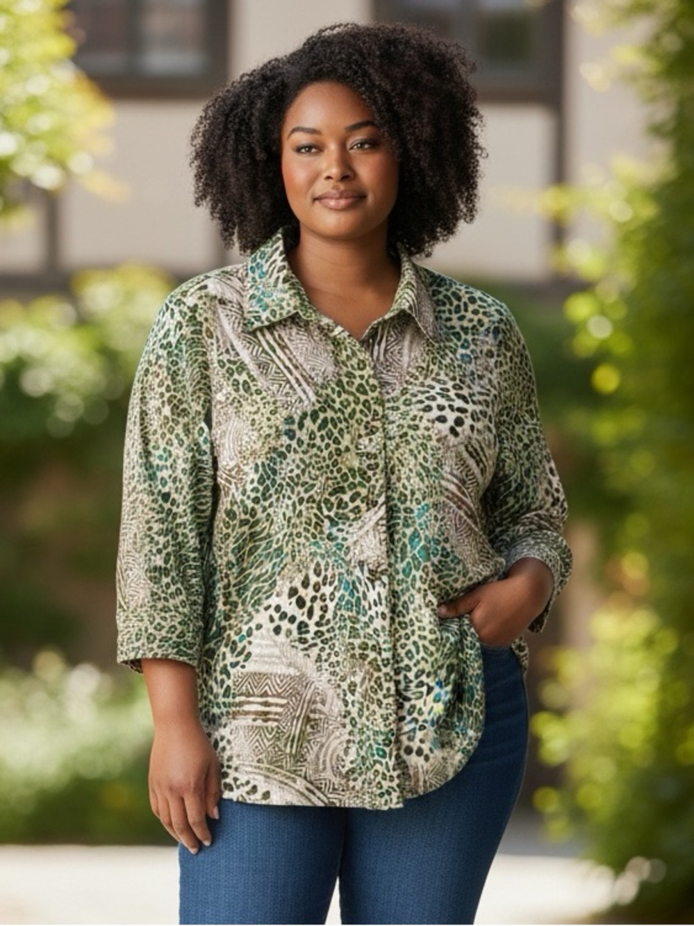 ALIA Women’s Green Animal Print Button Down Shirt Blouse Plus Size 18W